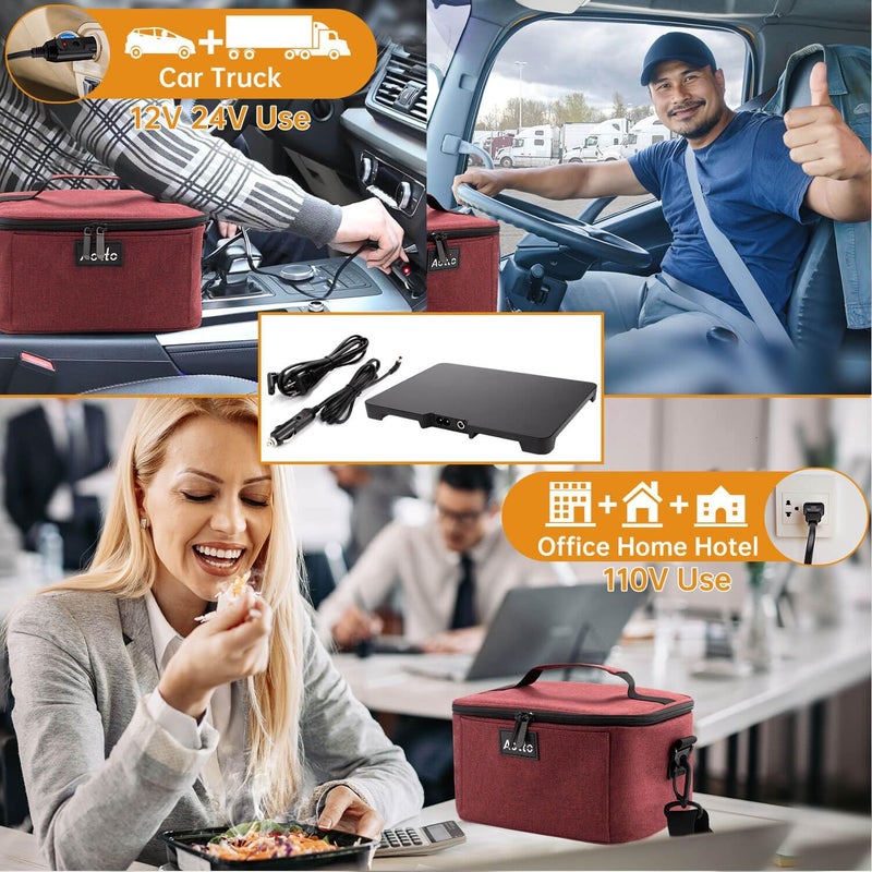 Aotto Portable Oven, Electric Lunch Box Food Heater - 12V/24V/110V 3-in-1 Car Food Warmer - Heated Lunch Box for Adults - Cook, Reheat & Keep Meals Warm for Car, Truck, Travel, Work, Home - Red - Image 2